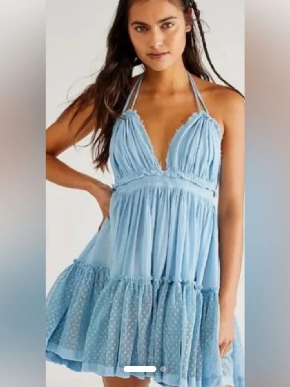 Aveloria Rosie Dobby Mesh Self-Tie Ruffled Halter Baby Blue Dress Size Large